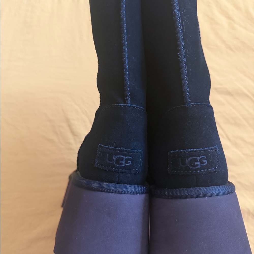 UGG Black Suede Mid-Calf Boots with Dark Brown Sole